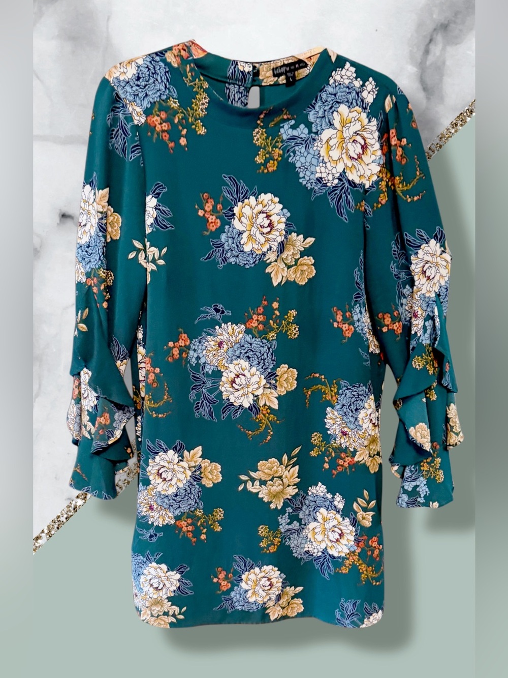 BeBop Teal Floral Ruffle-Sleeve Mini Dress size Large